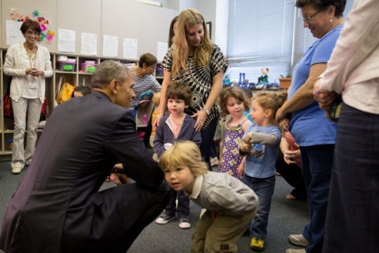 President Barack Obama visits a classroom of pre-schoolers and teachers following remarks at Adas Israel Congregation in Washington, D.C., May 22, 2015. (Official White House Photo by Pete Souza)