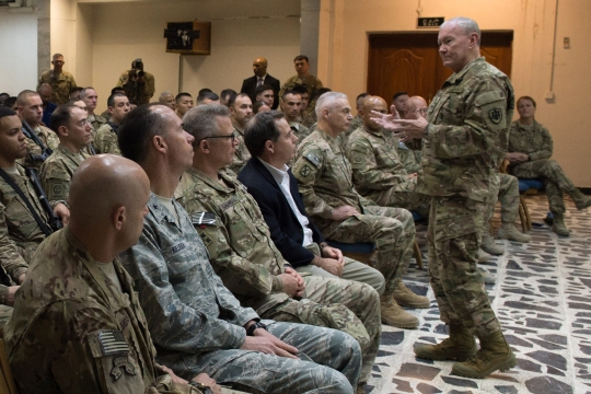 18th Chairman of the Joint Chiefs of Staff Gen. Martin E. Dempsey talks with Service Members deployed to Iraq during townhall in Baghdad, Iraq, July 18, 2015. (DoD photo by Mass Communication Specialist 1st Class Daniel Hinton/released)